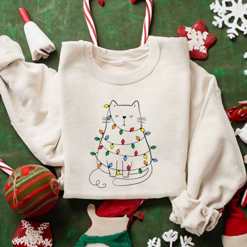 Cat Christmas Sweatshirt, Cute Cat With Christmas Lights, Cat Lover Shirt, Cat Mom Gifts, Christmas Gifts For Cat Mom Cat Lovers Cat Owners