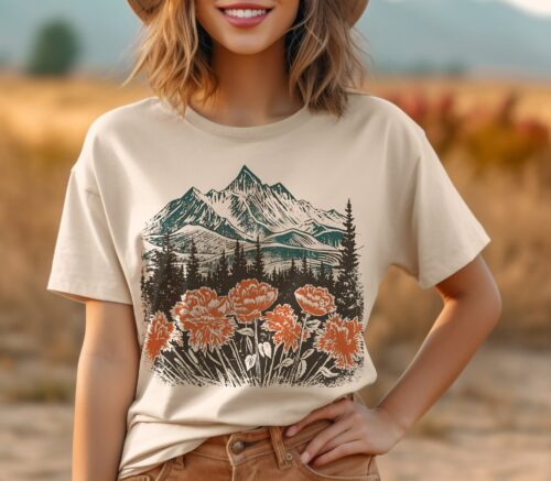 Vintage Botanical Shirt, Beauty Of Nature Tee, Sunset Wildflowers Tee Shirt,Poppy Flower T-Shirt, Cottage Core Floral Shirt